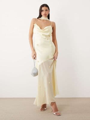 Gina Tricot 3D floral cowl neck sheer maxi dress