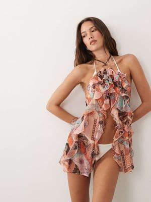 Miss Selfridge beach ring detail halterneck cut about scarf print cover up