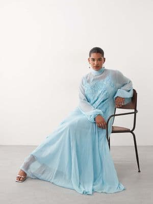 ARRANGE Curve applique floral tie neck blouson sleeve trapeze maxi dress