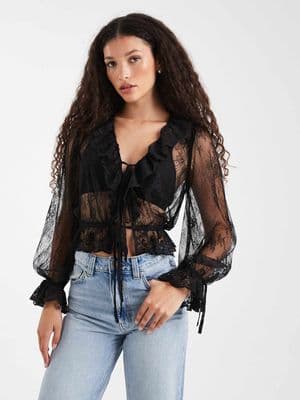 Miss Selfridge lace tie front ruffle blouse
