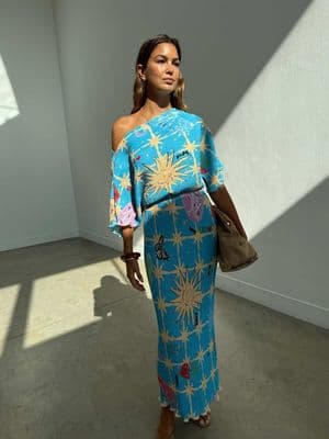 Never Fully Dressed Tilly off shoulder plisse maxi dress