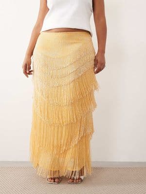ARRANGE Curve beaded fringe column midi skirt