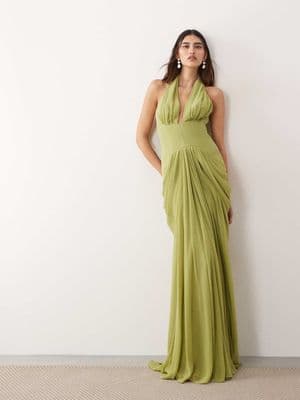 ARRANGE hybrid plunge halter neck cinched waist maxi dress