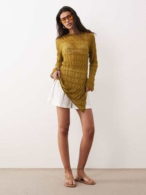 Miss Selfridge shirred asymmetric sheer knit top