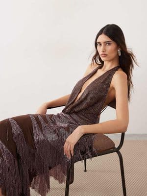 ARRANGE beaded fringe plunge cowl maxi dress