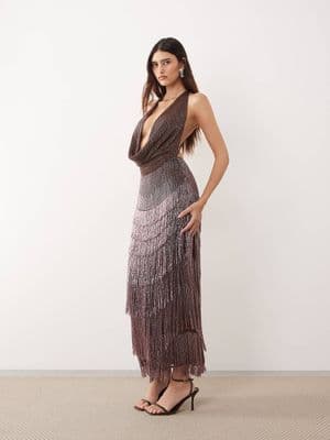 ARRANGE beaded fringe plunge cowl maxi dress