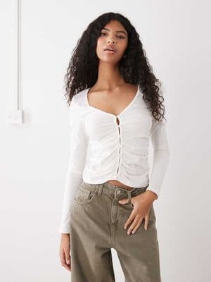 Monki ruched open button front jersey top