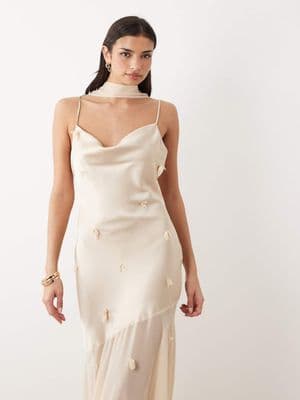 Gina Tricot 3D floral cowl neck sheer maxi dress