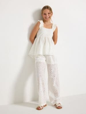 Trousers with broderie anglaise
